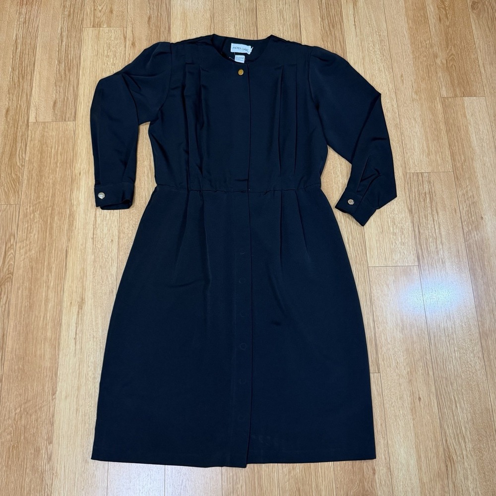 VTG Andrea Gayle Black Secretary Dress 12 Pleated Academic Goth Mod Long Sleeve
